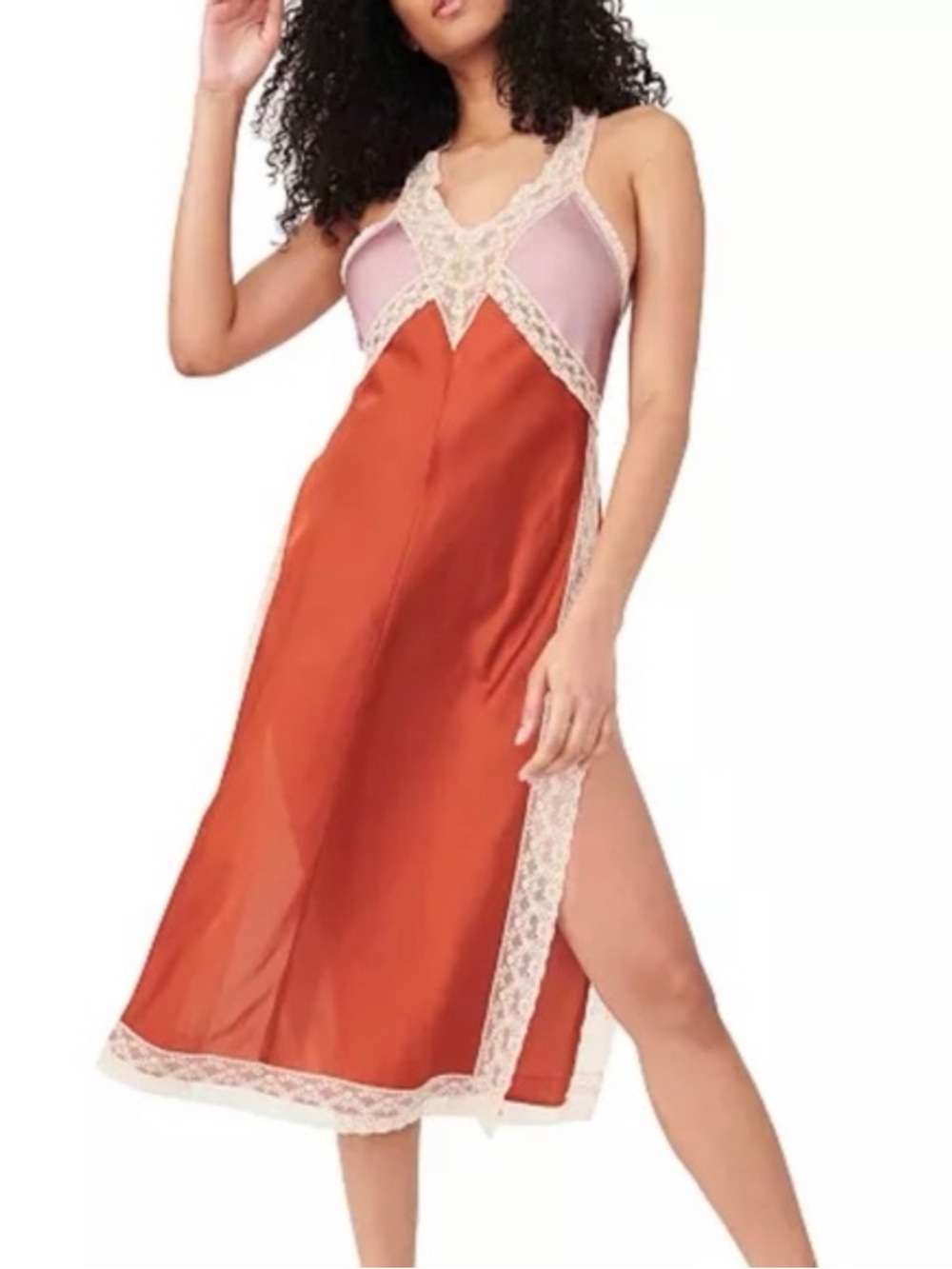 Free People Satin and Lace Slip Dress in Rust and Pink